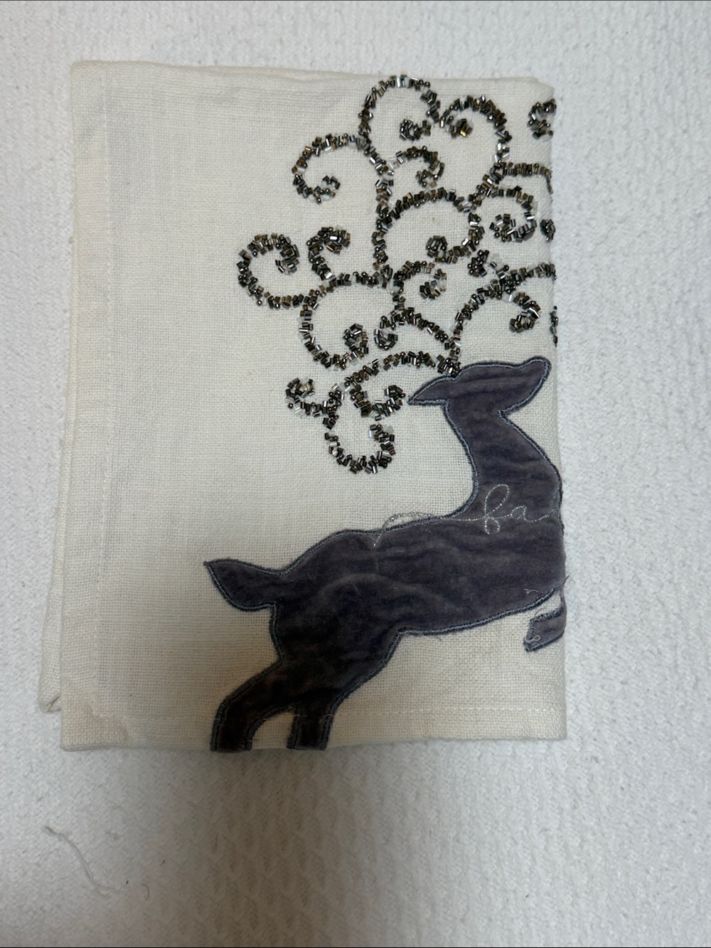 Mud Pie Cream Napkin with Gray Embroidered Deer and Beaded Scrolls